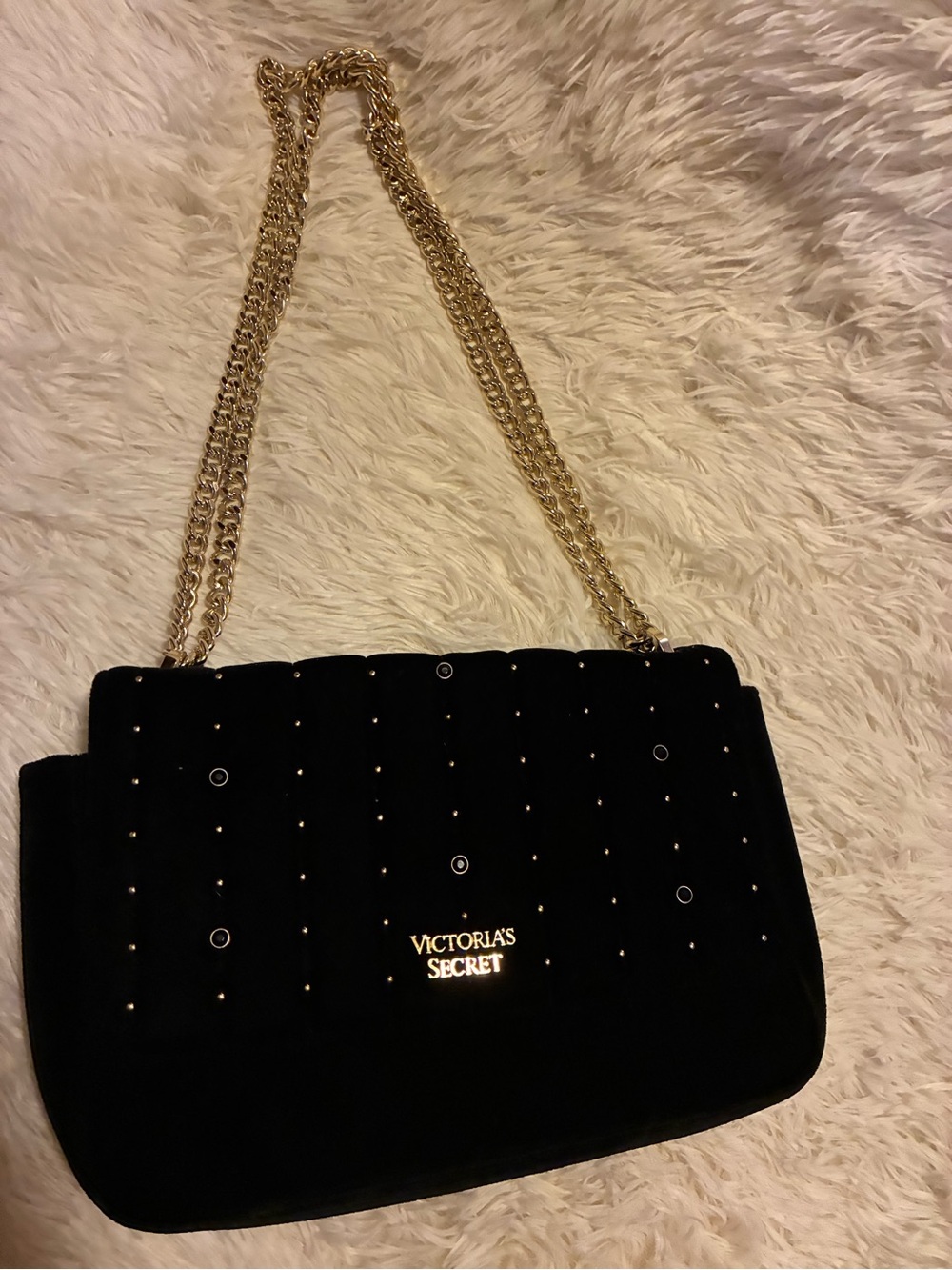 Victoria's Secret Black Velvet Shoulder Bag with Gold Chain